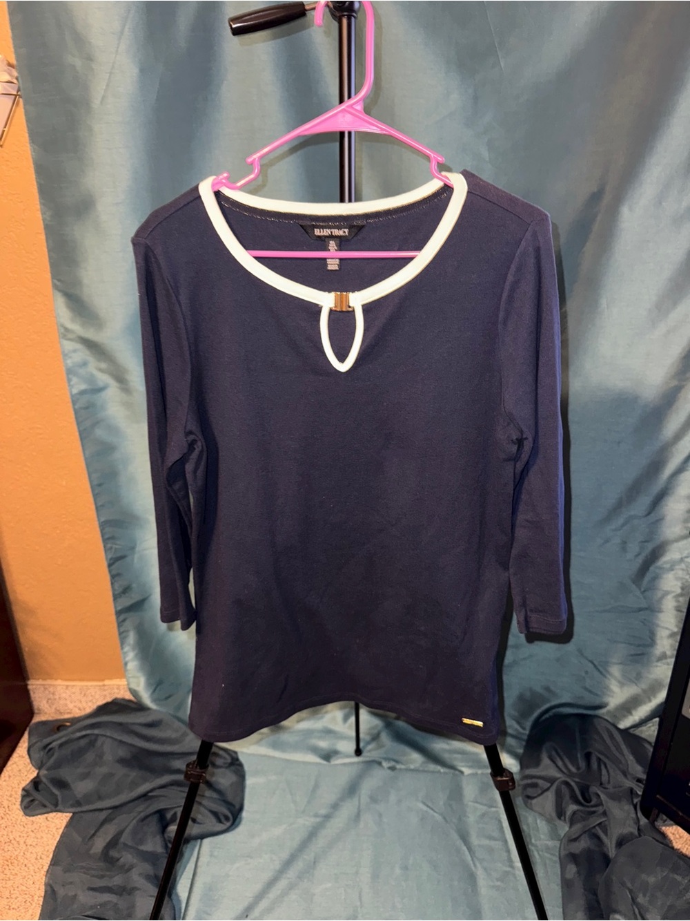 Ellen Tracy Navy 100% Cotton Keyhole Top Size L Nautical Preppy Y2K